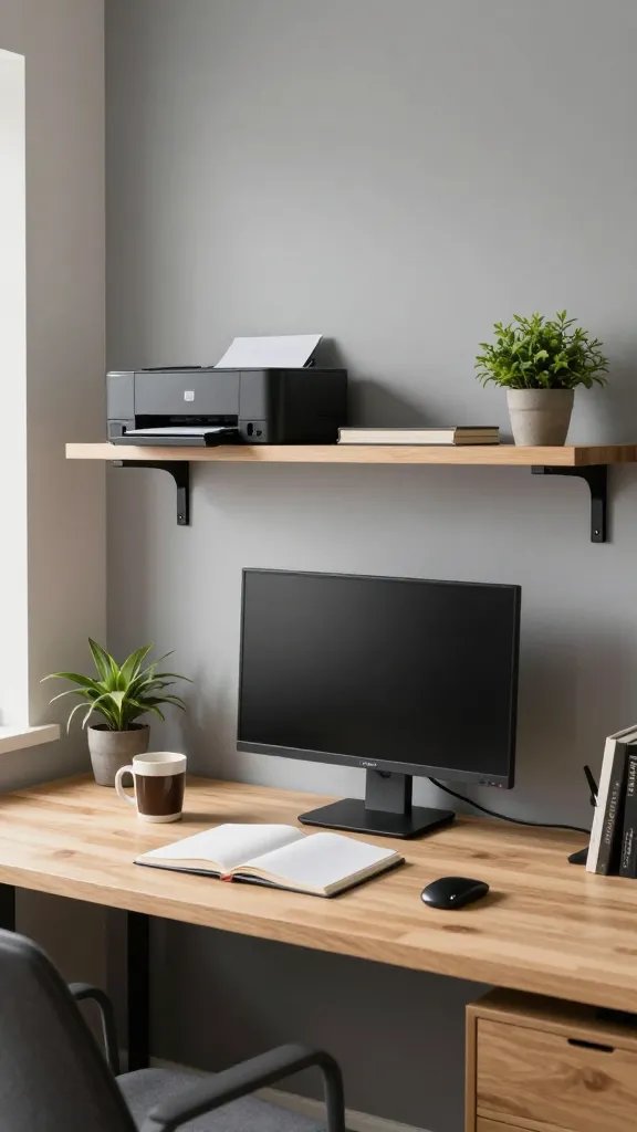 A realistic, high-quality photo of a compact home office space showcasing a floating shelf mounted at eye level on a soft-gray wall. The shelf serves as a mini command center, holding a compact printer, a slim external monitor, an open notebook, a mug of coffee, and minimal desk accessories. Beneath the shelf, subtle cable management clips keep cords tidy and hidden along the wall. Small potted plants are placed on either end of the shelf to soften the tech vibe. The desk surface beneath is clean and uncluttered, with ample negative space, and the overall scene conveys an organized, efficient studio apartment workspace where every inch counts. Natural light from a nearby window illuminates the scene, with warm tones and realistic textures on wood, fabric, and metal. The main subject should be the floating shelf command center as described in the heading, with no text overlay in the image.