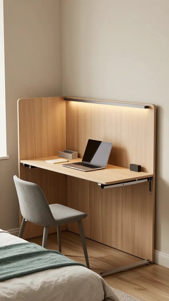 A realistic high-quality interior photograph of a compact home office integrated into a small living space, featuring a fold-down Murphy-style desk in action: the desk is stowed as a vertical wall panel in its closed position, then mid-action lowering to a horizontal work surface with soft-close hinges visible along the mechanism. The desk area shows a slim, elegant desk surface with a modern minimalist laptop, a small notebook, and a tidy cable tray mounted behind the desk edge. A compact, low-profile chair with a slim frame sits tucked under the desk in its open position, designed to slide completely under the surface. The surrounding room blends guest-room and office vibes: a guest bed or sofa near the wall, light neutral tones, warm ambient lighting, and tasteful textures like wood and fabric. Details emphasize practicality and chic design: clean lines, concealed storage, and a small cable management setup, plus a soft, premium look that highlights the space-saving wow factor. The scene should feel lived-in yet uncluttered, with natural daylight filtering through a nearby window and a subtle, sophisticated color palette (soft beiges, warm woods, muted greens or blues) to convey efficiency and comfort. No text or branding visible in the image.