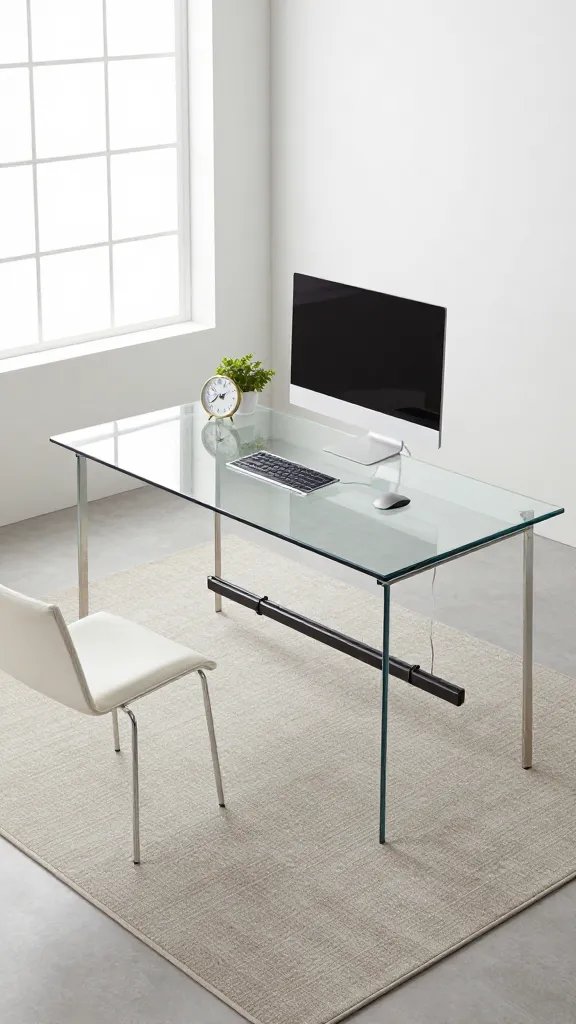 A realistic, high-quality photo of a modern home office corner featuring a sleek glass-top desk that conveys an airy, open feel. The desk has a clear tempered glass surface with slim, minimalist metal legs, and is paired with a slim, low-profile chair with a light fabric or leather seat to maintain sightlines. The workspace includes a neatly organized cable tray hidden under the desk, with cables routed cleanly to a slim monitor stand holding a single monitor and a compact laptop nearby. The scene should feel spacious: soft natural light from a nearby window, light-reflecting surfaces, and uncluttered surroundings. A small, neutral-toned rug anchors the desk area without crowding the space. Subtle modern decor like a potted plant and a minimalist clock can be present, but the overall composition emphasizes the illusion of space and the “air” vibe created by the glass top. No text on the image.