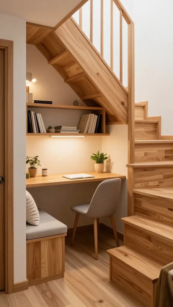 A realistic, high-quality photograph of a cozy under-stair office nook in a sunlit tiny home. The space is tucked beneath a wooden staircase with a soft, warm finish. A low-profile, minimalist desk fits snugly against the wall, with clean lines, a slim desktop, and a small potted plant. Open shelving above and beside the desk displays neatly organized books, notebooks, and small decorative items. Soft seating—a compact cushioned chair or a small bench—sits nearby with a plush throw for quick breaks. The area feels like a secret den: warm wood tones, soft lighting from a wall-mounted sconce, and subtle whimsy through clever storage and a tidy, efficient layout. The main subject should reflect a dedicated workspace that doesn’t intrude on living space, showcasing clever use of under-stair architecture in a tiny home. No text on the image.