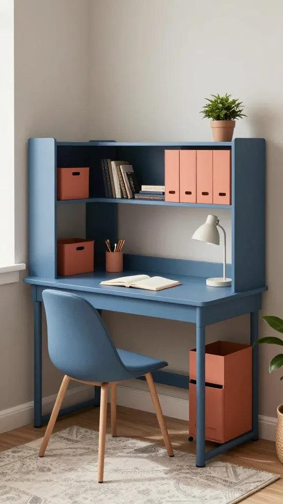 A realistic, high-quality photo of a compact home office corner demonstrating color-coded zones for focus. The desk area features a clean, minimalist workstation with a primary color, such as a smooth blue desk surface and matching chair, complemented by contrasting accents in a warm coral or mustard hue for desk accessories like a pen holder, notebook, and a small lamp. Include clearly labeled storage: labeled bins and folders in coordinating colors (blue and coral) arranged neatly on open shelving or a storage cart beside the desk. The room has calm, neutral walls with subtle, cohesive decor, a soft area rug under the desk, and a few plants for balance. The overall composition conveys organized, calm, and focused energy, with natural light from a nearby window and a clutter-free, thoughtfully curated feel, no text on the image. The main subject should be a focused workspace within a small home environment.
