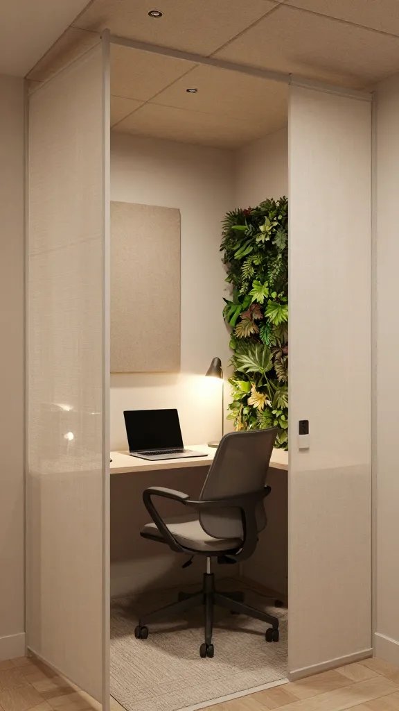 A realistic, high-quality photograph of a compact home office corner designed for quiet concentration. The scene features a small, cozy nook with a soft, neutral color palette. Include fabric ceiling panels in a warm shade for subtle sound dampening, a lightweight fabric screen partially surrounding the space, and a short-pile rug to muffle footfalls. Arrange a compact desk with a slim laptop, a ergonomic chair, and a personal plant wall or vertical greenery to enhance air quality and mood. Add subtle acoustic panels integrated into the walls and ceiling, a few stylish storage elements, and soft ambient lighting from a floor lamp or wall sconce. Ensure the space looks calm, inviting, and functional for long calls or virtual meetings, with no visible text or branding.