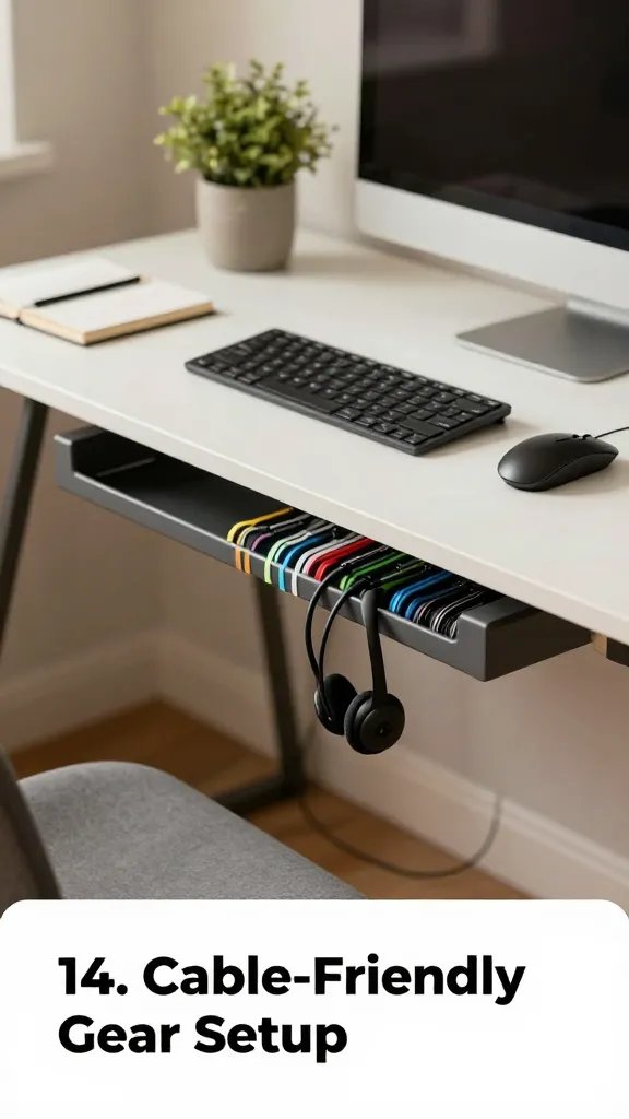 A realistic, high-quality photo of a compact home office focused on cable-friendly gear setup: a small desk with a clean, modern surface featuring discreet cable trays mounted under the desk, neatly labeled zip ties visible at the edge for quick cord identification, and Bluetooth wireless peripherals like a keyboard, mouse, and a wireless headset to minimize wires. The desk should have a slim laptop, a small monitor, and a minimal decorative element (plant or notebook) to convey a tidy, functional workspace. Cable cables are neatly organized along the tray with color-coded labels, and the overall scene uses warm, natural lighting to emphasize a clutter-free, inviting workspace. The main subject is the well-organized desk area from the article title "14. Cable-Friendly Gear Setup" rendered as a single, cohesive, realistic office environment. No text or logos on the image.