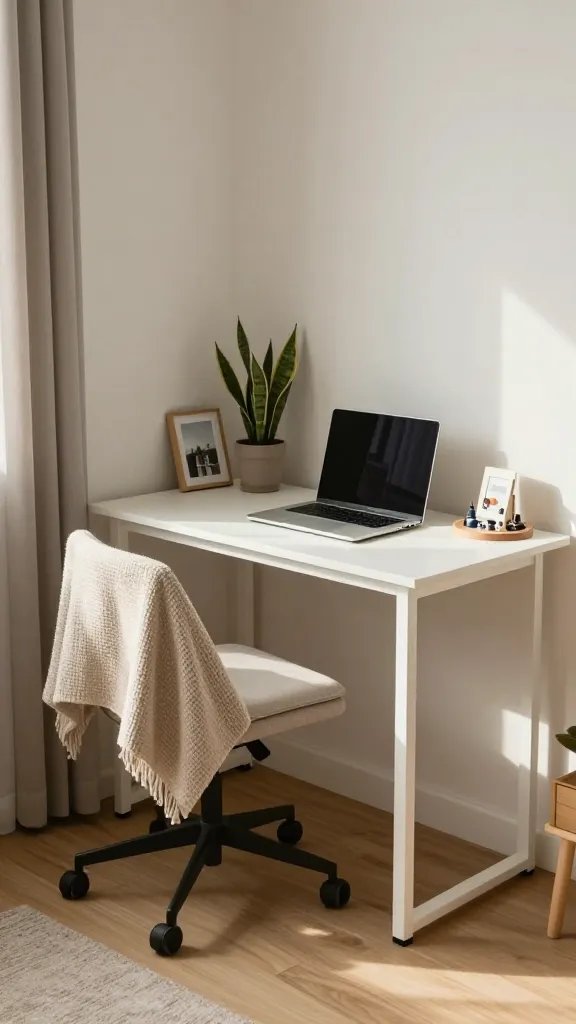A cozy, sunlit home office nook occupying a small corner of a modern apartment, featuring a compact white desk with clean lines and a slim profile, a slim laptop open to signify work, and a small potted plant (snake plant) on the desk beside a framed photo resting against the wall. Include a soft, textured throw casually draped over a small ergonomic chair with a cushion, and a rotating display of tiny personal trinkets arranged on a nearby shelf. The background shows a calm, uncluttered space with light wood flooring, a neutral-toned rug, and minimal decor to emphasize a personalized, calming environment. Natural light filters in through a window with simple curtains, creating gentle shadows and a balanced, inviting atmosphere. The main subject should convey a tiny, productive personal workspace that feels lived-in yet neat, with a focus on personality, practicality, and low-maintenance greenery. No text on the image.