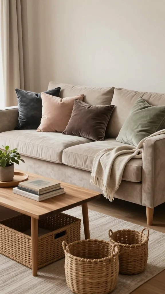 A stylish, sunlit urban living room scene featuring a calm, neutral base with layered textures to evoke an expensive yet cozy vibe. The main subject is a well-dressed seating area centered in the frame: a plush velvet sofa in a soft cream or taupe, adorned with an assortment of velvet cushions in rich charcoal, warm blush, and muted sage. In front of the sofa, place a linen throw draped casually over one arm, with a second textured throw folded neatly at the foot. Surround the seating with woven baskets used for storage, including a larger rectangular basket beneath a coffee table and a couple of smaller round baskets on the floor for organization. The coffee table should be low-profile with a natural wood finish, displaying a simple tray, a small potted plant, and a stack of neutral-toned books. The overall palette remains warm and neutral (beiges, creams, soft browns) to emphasize the tactile layers. Lighting is soft and natural, with gentle skylight or large window casting diffuse light across the textures, creating depth and warmth without clutter. The scene should convey a high-end, magazine-worthy aesthetic with a focus on texture—velvet, linen, and woven materials—while maintaining a compact, apartment-appropriate footprint. No text or overlays in the image.