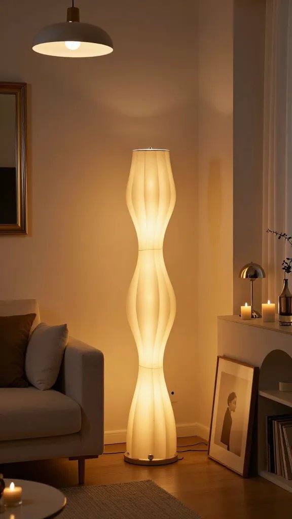 A realistic, high-quality interior photo of a compact, chic living space featuring a striking floor lamp as the main lighting feature (a sculptural floor lamp with a warm amber glow), complemented by a sleek pendant light hung at a different height, both casting soft, layered light. The scene shows warm 2700K-3000K bulbs and a dimmer switch subtly visible on the lamp, with additional ambient light from a small table lamp and a few candles on a nearby console to create a gallery-like glow. The room includes a minimalist sofa with plush cushions, a textured rug, and clean lines, with carefully chosen decor pieces that convey glam on a budget: metallic accents, a statement mirror, and tasteful art leaning on the wall. The lighting should be balanced to highlight the floor lamp as the focal point, with shadows and highlights that enhance depth, detail, and a luxurious feel in a compact space. No text on the image.