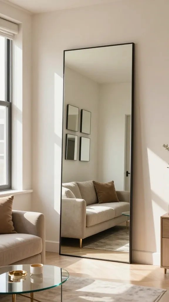 A realistic, high-quality photo of a stylish small apartment living space in soft, natural daylight, featuring a prominent oversized mirror that centrally reflects a bright, airy room to visually double the space. The mirror should be positioned opposite a large window, casting warm light across a chic seating area with a compact sofa, a couple of cozy throw pillows, and a small glass coffee table. Include a narrow hallway in the background that visually appears wider due to the mirror’s reflection, and a trio of smaller mirrors arranged in a modern, symmetrical pattern on an adjacent wall for a contemporary touch. The overall color palette is neutral with warm beige, ivory, and subtle metallic accents. The scene exudes a glamorous, budget-friendly vibe with clean lines, minimal clutter, and a slight glam glow from strategically placed lighting. The main subject from the article title—“Mirrors That Magnify Your Space”—should be clearly represented by the commanding mirror but without any text or watermark.