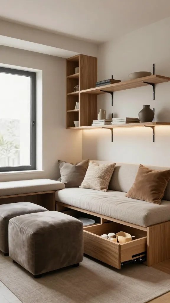 A high-resolution, realistic interior photography scene of a stylish, compact living area that exudes luxury on a budget, centered around hidden storage chicness. The main subject is a cohesive, chic living space featuring floating shelves with hidden hardware mounted on a clean wall, soft ambient lighting, and a neutral color palette with warm wood tones and plush textiles. Include ottomans that double as benches with concealed storage, one upholstered in a muted velvet and the other in a woven fabric, placed near a compact sofa. Under-bed or sofa pull-out storage drawers ( Hammond-style hidden pull-out drawers) subtly integrated beneath the platform bed or sofa, with a few neatly organized items tucked away to illustrate practicality. The space should feel architectural and tidy, with smart storage solutions subtly showcased as part of the furniture’s design, such as a low-profile storage bench along a window, a hidden-corner cabinet, and decorative items arranged to imply intentional decluttering. The scene should convey quiet luxury, crisp lines, soft shadows, natural light from a nearby window, and a sense of spaciousness despite a small footprint. No text on the image.