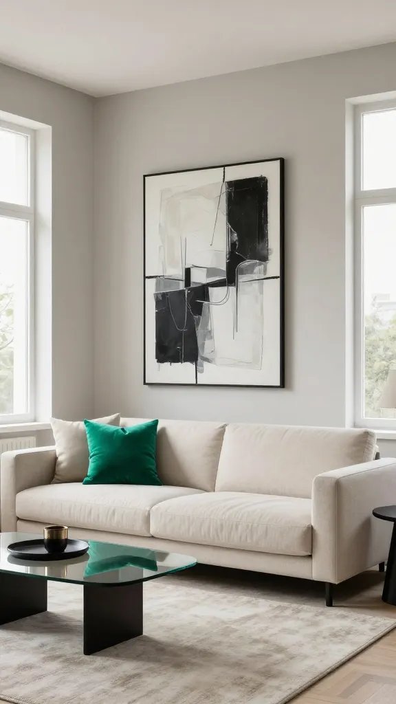 A stylish, sunny small living room in a modern apartment, featuring a monochrome palette with two complementary neutrals such as warm gray walls and soft ivory furniture, minimal clutter, and clean lines. Center a single bold accent item—an oversized abstract art piece in black, white, and metallic tones on the wall—paired with a single bright cushion in a vibrant jewel tone (emerald or sapphire) on a streamlined sofa. Include subtle textures: a plush rug, a sleek coffee table with a glass top, and a few carefully chosen decor accents in matte black and brushed metal. The scene conveys a polished, expensive look with minimal chaos, natural light streaming through a large window, and a cohesive, intentional layout that demonstrates how a lone bold accent elevates the monochrome scheme.