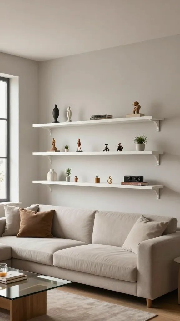 A realistic, high-quality photo of a modern living room featuring built-in floating shelves as the main subject. The shelves are sleek, white, and wall-mounted with hidden brackets, spanning a portion of a light gray wall above a minimalist, low-profile sofa. On the shelves are a curated display of small sculptures, a few tiny potted plants, and travel trinkets arranged with ample negative space to keep clutter low. The room has soft natural light from a nearby window, a warm neutral color palette with wood tones, and subtle reflections on a glass coffee table in front of the sofa. The scene conveys a clean, sophisticated vibe with a few meaningful objects that tell a story, elevating the room without bulky furniture. No text on the image.