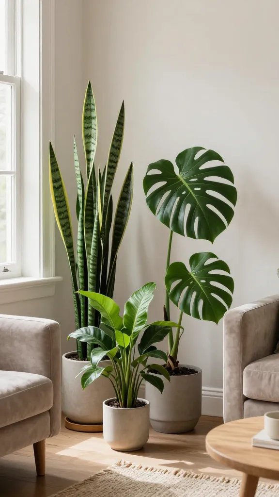 A stylish, sunlit living room corner with a calm, refined palette of neutrals and greens, featuring a trio of statement low-maintenance plants arranged on a minimalist plant stand: a tall Snake Plant with stiff, upright leaves, a glossy ZZ Plant with chunky stems and lush dark green leaves, and a Monstera leaf displayed prominently in a chic, modern pot. The plants are positioned where they’re easily visible in photos, enhancing the space without feeling crowded. The room includes soft textures such as a velvet sofa, a natural fiber rug, and a light wood side table, with subtle decorative accents and natural light streaming through a window to create a luxurious, expensive feel. No text on the image.