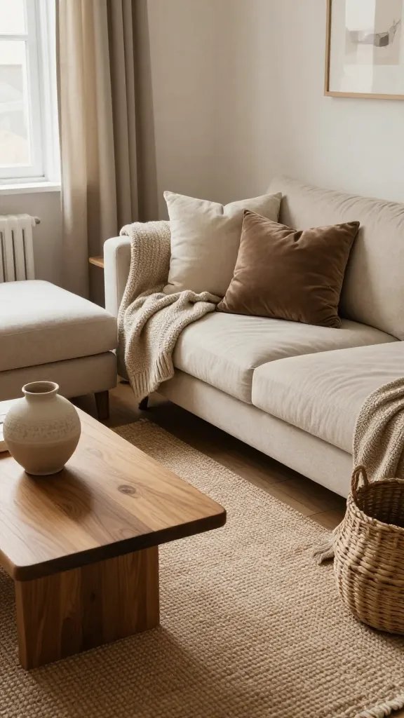 A cozy, sunlit living area in a compact apartment, showcasing layered textures to create warmth. The scene features a neutral-toned, low-profile sofa with a chunky knit throw draped over one arm, a soft woven area rug in natural beige tones, and a mix of matte and subtle sheen surfaces: a wooden coffee table with a satin finish, a textured ceramic vase, and a velvet cushion to add a touch of sheen. Include natural fiber elements such as a jute rug beneath the seating to ground the space, and a few woven baskets for texture without clutter. Balanced lighting from a nearby window with sheer curtains to cast soft, diffuse light. The overall palette should be warm neutrals—creams, taupes, and soft browns—with a few darker accents to avoid heaviness. The composition should feel intimate and well-curated, emphasizing tactile variety (plush, woven, smooth), natural fibers, and a harmonious mix of light and dark textures. No text on the image.