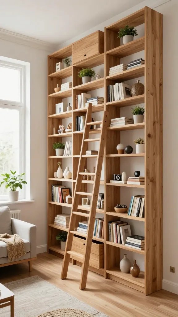 Create a high-resolution, photorealistic interior scene of a compact, stylish apartment maximizing vertical storage. The focal point is a tall, engineered wood shelving wall that extends from floor to ceiling, filled with neatly organized modular cubbies, floating shelves, and a mix of books, small potted plants, and decorative keepsakes. Include a ladder leaning against the storage unit for easy access to the upper shelves. The room should feel open and bright with soft natural light from a large window, light neutral walls, and warm wood tones. Show clutter-free flooring with a small, cozy seating area nearby (a compact sofa or chair with a woven throw) to emphasize a lived-in but intentionally designed space. Ensure the main subject aligns with the article title’s concept: a cozy, small apartment that uses vertical storage with style, all elements in harmonious color palette of whites, beiges, and natural wood, with no text or UI elements in the image.