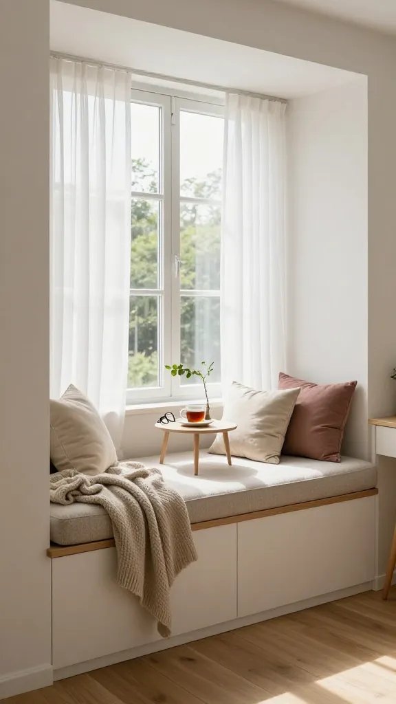 A bright, realistic high-quality photo of a cozy window nook in a small apartment. The scene features a built-in cushioned bench under a large window with sheer white curtains, letting in abundant natural light. The bench has a forgiving, washable neutral-toned cushion with a subtle textured fabric, plus a few soft throw pillows in muted earthy tones (cream, taupe, dusty rose) and a cozy knit blanket casually draped. The window nook is styled as a mindful hangout corner: a small side table with a hot cup of tea or coffee, a slim plant on the sill, and a few reading glasses resting nearby. The surrounding area shows clean, minimalist cabinetry and light wood flooring, with a view of a green outdoor scene through the window. The overall vibe is warm, inviting, and magical, emphasizing a practical yet stylish small-space upgrade suitable for reading, snacking, or daydreaming. No text on the image.