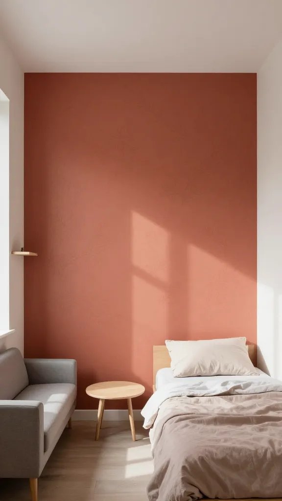 A realistic, high-quality interior photograph of a small cozy apartment living space featuring a single, bold accent wall behind the bed with a warm, inviting hue (such as terracotta or soft coral) or a subtle, elegant wallpaper pattern that adds drama without overwhelming the room. The wall should be the focal point, with the other walls painted in light, neutral tones and matte finishes to reduce glare. The bed is neatly made with simple, modern bedding in complementary colors, and the surrounding furniture (a compact sofa, slim coffee table, and minimal shelves) is kept light and unobtrusive to emphasize the accent wall. Natural light streams in through a window, casting soft shadows that highlight the wall’s texture or color. The overall composition conveys a stylish, cozy, and well-balanced small-space aesthetic, with no text or branding visible in the scene.