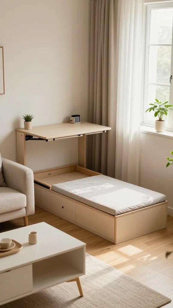 A cozy, sunlit small apartment living area featuring a stylish multi-functional piece as the main subject: a modern storage bench with a cushioned top that opens to reveal a hidden hinged storage compartment, placed beside a slim, wall-mounted bed frame with built-in drawers underneath. The room showcases smart, space-saving design: fold-out desk integrated into the wall opposite the bench, a compact coffee table with dual hidden compartments, and neutral, warm-toned décor (beige sofa, light wood floors, soft textiles) that enhance the clutter-free aesthetic. Natural light streams in from a large window with sheer curtains, plants in the corners, and subtle decorative touches that emphasize organized, versatile functionality without visible clutter or text on the image. The scene should look like a realistic high-quality interior photograph with balanced lighting, shallow depth of field focusing slightly on the storage bench, and a clean, airy vibe.