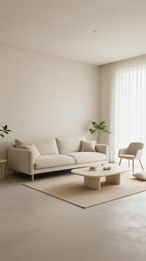 A bright, airy living room setup featuring low-profile furniture: a slim, plush low-sofa with a clean line silhouette, a short low coffee table with a matte finish, and minimal leggy chairs with slender legs. The space has ample open floor area, light neutral walls, and soft natural light streaming through sheer curtains. Subtle textures include a woven rug under the coffee table, a few low-profile cushions, and a small, unobtrusive plant in a simple pot. The room exudes a calm, uncluttered vibe with easy sightlines, clean edges, and a modern yet cozy aesthetic that visually communicates airiness and easy reconfigurability. No text or branding visible.