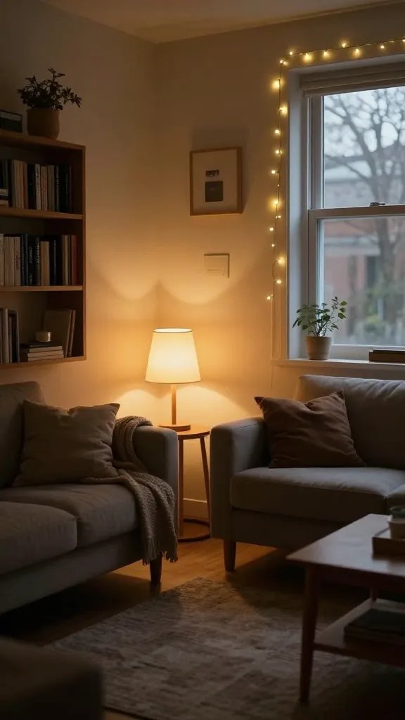 Create a photorealistic, high-quality image of a cozy, small apartment living space featuring warm lighting with a twist. The main subject should be a stylish, inviting living area that centers around soft, layered lighting: warm ambient bulbs at 2700K-3000K, plus a couple of statement fixtures. Include dimmable lighting controls subtly visible on a nearby wall switch, a string of delicate warm fairy lights draped along a bookshelf or window frame, and a small floor lamp with a plush lampshade. The space should feel adaptable and intimate, with soft shadows and a gentle glow that enhances textures like a knit throw, a textured rug, and natural wood surfaces. Use natural window light combined with the warm artificial lighting to create a cozy, soft, non-harsh atmosphere that makes a small apartment feel spacious and inviting. Ensure the main subject aligns with the article title’s theme and conveys a charming, warm aesthetic without any text or overlays in the image.