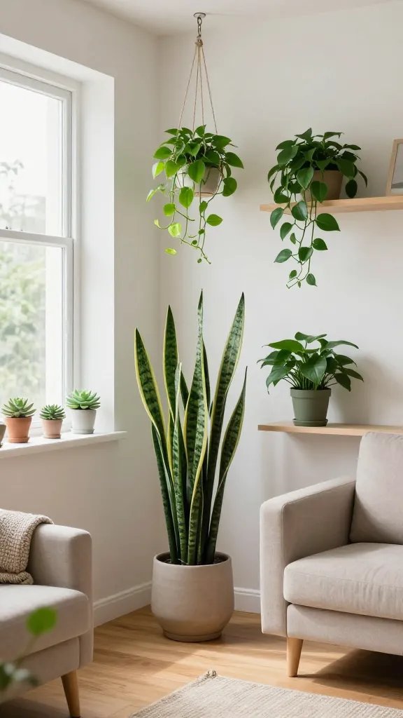 A bright, cozy micro-apartment living space bathed in natural light, featuring a main subject center stage: a lush, low-maintenance greenery vignette that showcases compact indoor plants. Include a tall snake plant with upright variegated leaves in a slim ceramic pot, a trailing pothos draping from a hanging planter, and a sturdy ZZ plant with glossy, dark green leaves on a minimalist shelf. Add small succulents arranged on a sunlit windowsill. Incorporate two hanging planters suspended from the ceiling to free up shelf space, with clean lines and neutral-toned planters. The room should have soft, warm wood flooring, a small neutral sofa with a single textured throw, and a light woven rug. Emphasize natural light, a calm color palette of greens, whites, and beiges, and a sense of airiness and organization without clutter. The main subject from the article title, Bring in Greenery in Petite Batches, should be clearly represented through this tasteful, high-quality realistic photo. No text on the image.