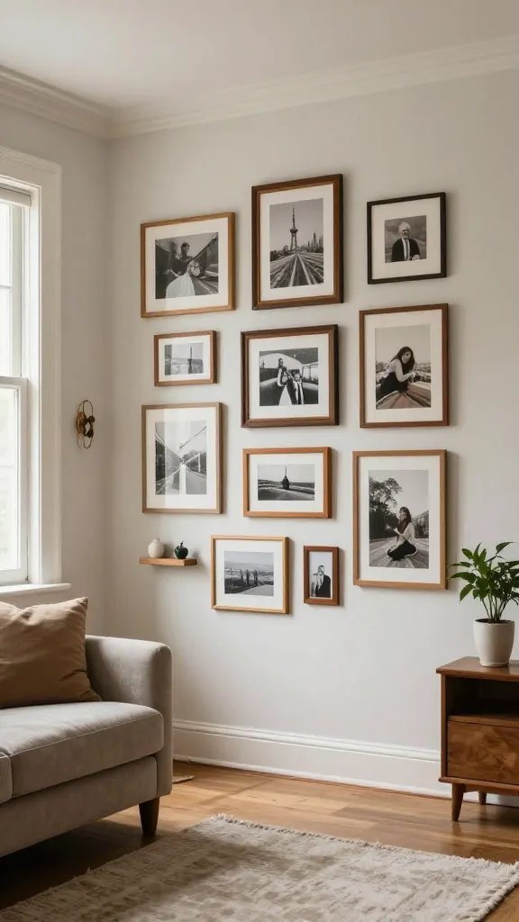 A realistic, high-quality photo of a cozy living room corner featuring a thoughtfully curated gallery wall as the main subject. The wall displays a cohesive color story with frames of varying sizes but the same warm wood finish, arranged in an intentional layout planned on the floor before hanging. Include a mix of prints, photos, and a few small 3D pieces (such as a decorative wall sculpture or a tiny shelf with mini objects) to add texture. The surrounding space should feel lived-in and inviting: a comfortable sofa with soft textiles, a neutral rug, and a small console or plant stand nearby. Natural light streams in from a nearby window, highlighting the depth and layering of the gallery wall. The scene should convey personalization, balance, and a timeless, gallery-like aesthetic without any visible text or labels on the wall.
