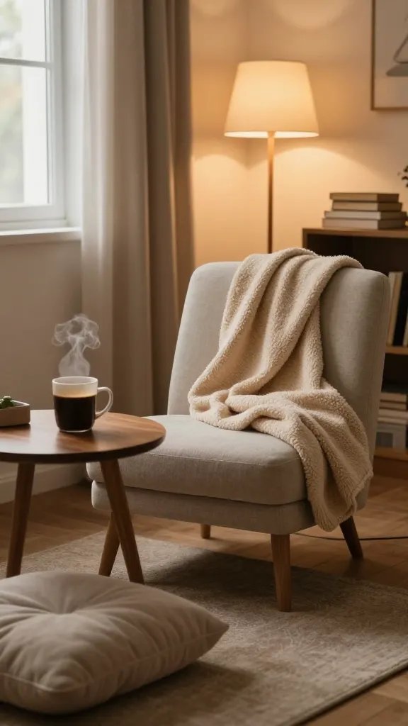 A cozy reading corner in a small apartment, featuring a comfortable upholstered chair with a soft, plush warm throw draped over it, a small round wooden side table holding a steaming mug of coffee, a floor lamp casting a warm, amber glow, and a nearby window with soft natural light filtering through light curtains. Include a plush floor cushion beside the chair, a simple rug underfoot, and a bookshelf or stack of a few books in the background to enhance the intimate, quiet atmosphere. Realistic, high-quality photography style, 50mm lens, shallow depth of field to softly blur the background while keeping the reading nook in sharp focus; warm color palette with soft textures, no text on the image.