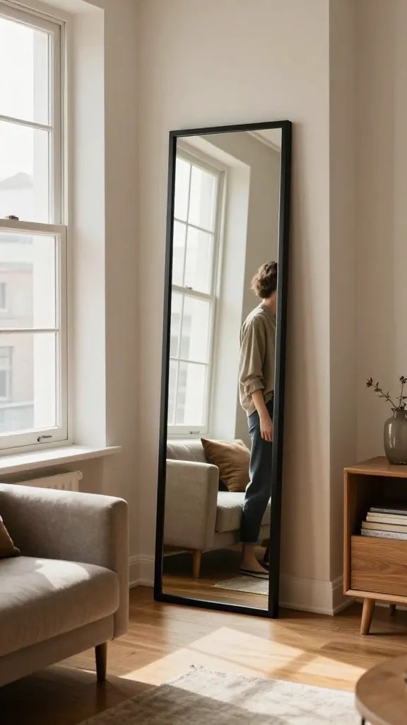 A cozy, sunlit living space with a slender, tall mirror placed opposite a large window, reflecting soft natural light across a warm, modern studio apartment. The main subject is a stylish person standing near the mirror, admiring the space, while the room features warm wood tones, neutral textiles, and minimalist decor that echoes a cohesive aesthetic. The mirror’s frame matches the room’s style—sleek matte black with subtle detailing to complement contemporary furnishings. The scene should convey an expanded sense of space, with the reflection enhancing depth and brightness in the narrow, efficiently arranged layout. No text on the image.