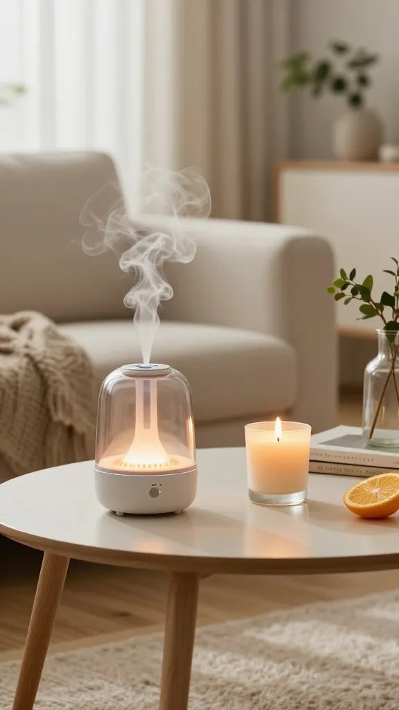 A warm, inviting small apartment living room scene centered on a stylish, minimalist coffee table adorned with a chic diffuser emitting a faint, aromatic mist, a softly flickering vanilla candle in an elegant, safe container, and a small wax melts warmer with a subtle glow. Surrounding elements include a cozy sofa with neutral-toned throws, a vase of fresh citrus slices nearby, and natural light filtering through sheer curtains. The decor blends modern and cozy aesthetics: light wood floors, clean lines, and tasteful greenery in the background. The overall mood is intimate and uplifting, evoking a sense of home through comforting scents, with high-detail textures on the diffuser, candle, and warmer, realistic lighting, and a shallow depth of field that keeps the focus on the scented accents as the main subject from the article title.