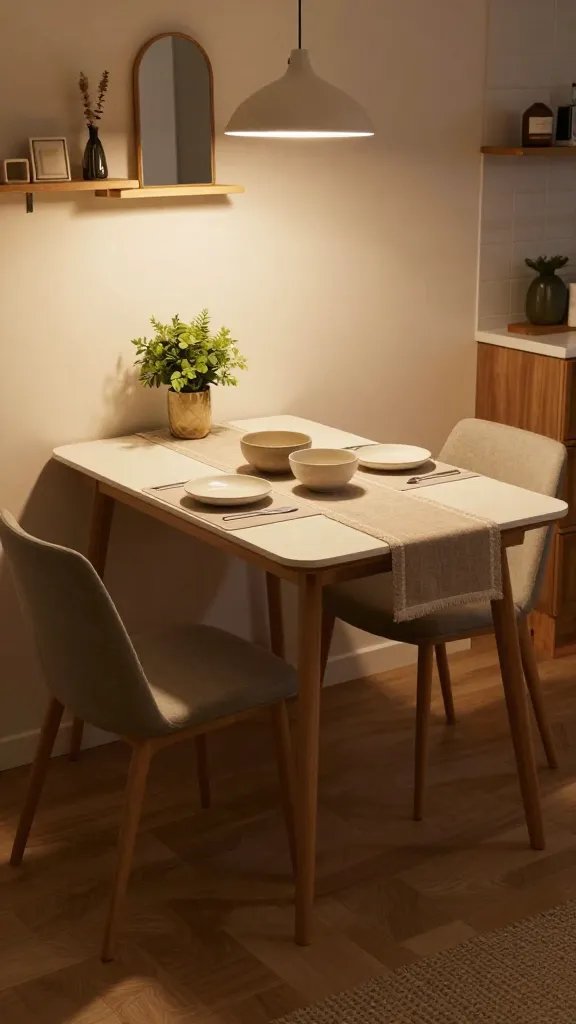A realistic, high-quality photo of a compact dining area that doubles as a decorative stage, featuring a small, foldable dining table styled for a cozy apartment. The scene showcases a stylish table runner in a neutral, warm tone with matching placemats, a few decorative bowls arranged neatly, and a small, lush plant for a touch of greenery. The dining set is compact and can tuck away to maximize floor space, with chairs that slide in under the table. Soft, ambient lighting from a pendant light above casts a warm glow, creating an inviting, intimate atmosphere. The surrounding space includes subtle decor elements like a wall-mounted mirror, floating shelves with minimalist pieces, and a hint of texture from a woven rug, all coordinated in cohesive, modern earthy tones to reflect a "dinner-table as a decorative stage" concept. The main subject should be the dining area styled to look both functional and visually striking, suitable for hosting friends without sacrificing space.