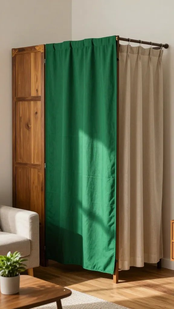 A realistic, high-quality photo of a cozy, small apartment living area where a textile-walled room divider softly partitions the space without visual heaviness. The main subject is a bold, lightweight fabric panel in a vibrant emerald green that doubles as a privacy screen, paired with a vintage-inspired folding screen featuring teak wood panels and subtle patina corners, creating two distinct sections within a single room. A sheer, neutral-toned curtain rack doubles as a closet divider on the opposite side, with soft natural light filtering through the fabric to create gentle shadows. The space includes warm wood tones, a plush neutral sofa, and a small coffee table with a potted plant, all arranged to emphasize texture, color contrast, and the flexible, swap-in fabric look. No text on the image.
