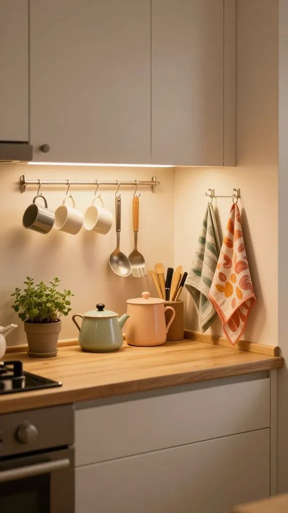 Create a warm, realistic high-quality photo of a small, cozy kitchen optimized for coziness. The main subject is a welcoming kitchen scene that feels like a lived-in, joyful space where cooking is inviting rather than a chore. Include subtle, practical details: hooks under the upper cabinets holding mugs and utensils neatly, compact countertop essentials arranged in matching finishes (e.g., stainless steel or matte pastel), and a colorful dish towel collection hanging or draped as decor. Use soft, ambient lighting to emphasize warmth—golden hour tones or warm LED under-cabinet lights. The color palette should be cohesive with warm neutrals, gentle woods, and small pops of color from towels and accessories. Show a clean, organized countertop with a small herb planter, a cheerful but not cluttered vibe, and avoid any text or branding in the image. The shot should feel intimate yet realistic, as if you walked into a cozy kitchen ready for a pleasant cooking experience.