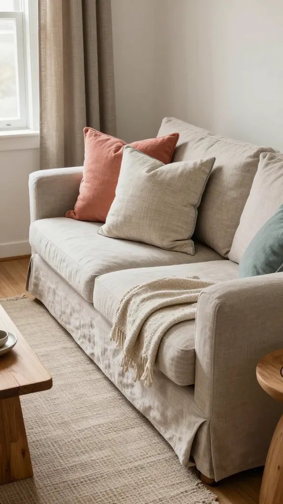 A high-quality, realistic interior photograph of a cozy, small apartment living space featuring durable neutral fabrics. The main subject is a comfortable sofa dressed in linen-blend pillows and throws in soft neutral tones (beige, taupe, stone) with subtle texture. Add coral and teal accent decor (pillow edges, a throw blanket, a small vase or decor tray) to provide a pop of color. Include stain-resistant microfiber upholstery visible on a nearby armchair or sectional for practicality. The room should have natural light streaming through a nearby window, with layered textures: a textured rug, woven curtains, and a few organic wood furniture pieces (coffee table, side table) to enhance warmth. Keep the color palette cohesive and calm, emphasizing versatility for seasons and moods, and ensure the scene conveys everyday lived-in polish without clutter, showcasing a quick-refresh vibe through interchangeable pillow covers. No text or branding in the image.