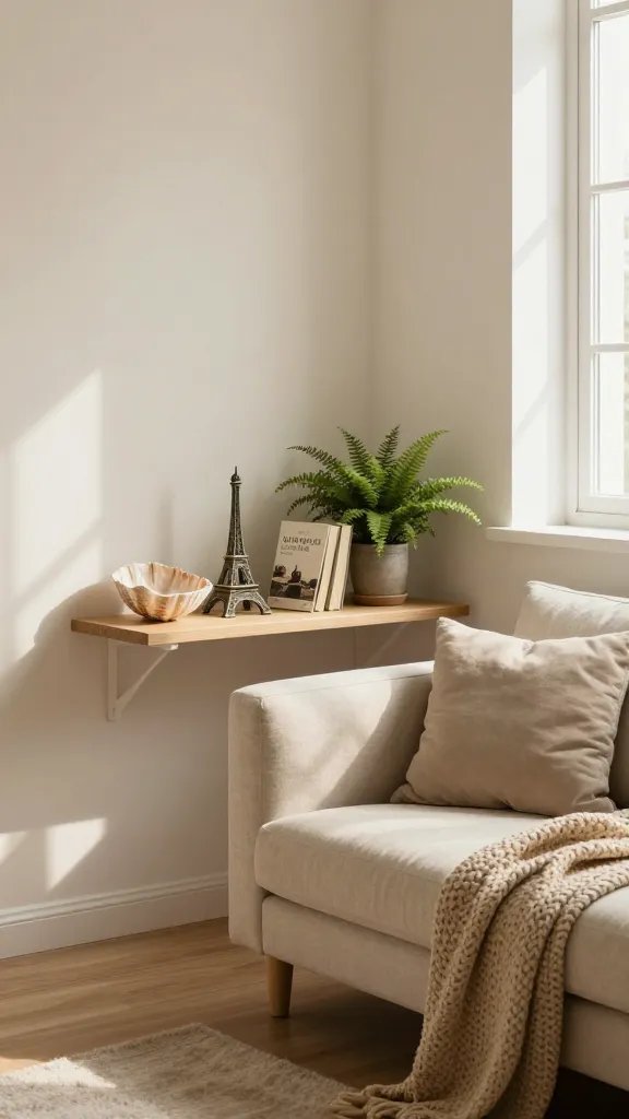 A warm, sunlit living room corner with a small, cozy aesthetic; a clean, uncluttered shelf display featuring a curated cluster of everyday objects: a seashell bowl, a travel souvenir (mini Eiffel Tower), and a favorite paperback lean against a small potted fern. The shelf sits beside a compact sofa with textured cushions in soft neutrals, and a woven throw draped casually. A gentle natural light streams in from a nearby window, casting soft shadows and highlighting the personal, lived-in vibe. The main subject: a bedroom or living space styled to reflect personal storytelling through curated items, showcasing how a few meaningful objects create character without words. The scene is realistic, high-detail, with natural textures—wood, fabric, ceramic, glass—and a cohesive color palette of warm beiges, creams, and muted earth tones. No text on the image.