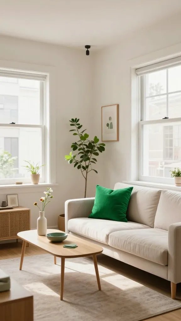 A realistic, high-quality photo of a compact, sunlit living space showcasing a cohesive color palette with a single bold accent color (such as emerald green) used in small pops across the room. The main subject is a stylish, space-efficient apartment interior inspired by “Think Small, Think Bright: Color Pops,” with one bold accent color applied through a few carefully chosen accessories: a bright throw pillow, a narrow vase with a single tall bloom, and a small piece of art or decorative bowl. The rest of the room features a harmonious, neutral base (soft whites, warm beiges, and light wood tones) to keep the accent color from clashing. Elements include: a compact sofa or loveseat with one vivid cushion, a slim coffee table or ottoman, a vertical plant or greenery to add life, and a few seasonally swapped decor items in the same color family. Lighting is natural with large windows, plus subtle warm artificial lighting to enhance texture. The scene should feel airy and organized, with clean lines, minimal clutter, and intentional use of color pops that dazzle without overwhelming the space. No text on the image.