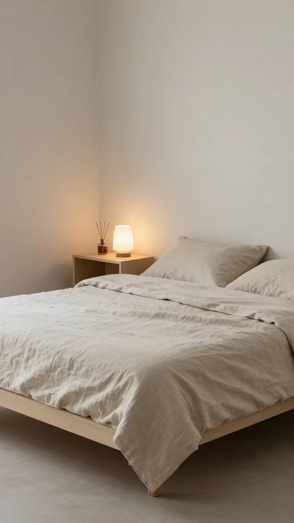 A realistic, high-quality interior photo of a calm sleep zone in a small apartment, showcasing a low-profile platform bed with breathable linen bedding in soft, neutral tones. The nightstand is minimalistic and uncluttered, fitting the space comfortably, with a small diffuser or diffuser bottle and a single warm lamp casting soft ambient lighting. The room uses calming colors such as oatmeal, soft taupe, and muted sage, with clean lines and clutter-free surfaces. The overall space exudes a retreat-like vibe in a compact studio, with electronics stored out of sight and no visible clutter, a breathable textile palette, and a serene, cozy atmosphere that invites rest. The shot is composed to emphasize a tranquil, sleep-friendly environment with natural textures (linen, wood, cotton) and gentle, diffuse lighting. No text on the image.