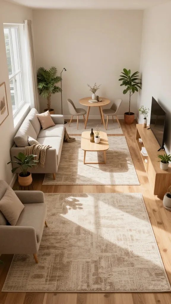 A high-resolution, realistic interior photograph of a sunny, compact urban living space that demonstrates rug zoning. The main subject is a stylish, modern living area in a small apartment, with multiple distinct zones clearly defined by rugs: a lounge nook with a low-pile neutral-toned rug under a compact sofa and two small chairs; a dining corner with a medium-pile rug coordinating with the wall tones; and a reading/coffee table area layered with a smaller rug atop a larger one to create depth. The rooms feature warm textures, natural wood, and cohesive color palette dominated by soft beiges, creams, and earthy taupes. Include a cozy throw blanket, a few potted plants, a slim floor lamp, and a minimalist coffee table with a few seasonal decor pieces. The lighting is natural daylight from a nearby window, casting soft shadows to emphasize texture and layering of rugs. Ensure the rugs anchor each zone, with easy-to-clean low-pile rugs beneath high-traffic seating and a layered rug arrangement that adds instant depth without clutter. The overall composition should feel inviting, balanced, and realistically livable in a small apartment. No text on the image.