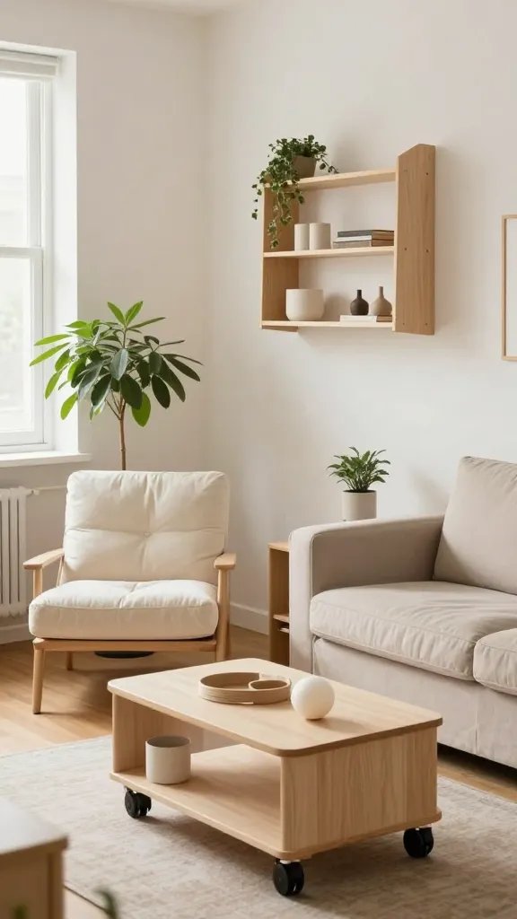A realistic, high-quality photo of a small cozy living space showcasing flexible, moveable decor: light, breathable natural light flooding a compact room with a memory foam chair topped with snug cushions, a lightweight potted plant on a sleek lightweight planter, modular modular furniture pieces that can be easily disassembled and reassembled, such as a small coffee table on caster wheels, a foldable wall shelf unit, and a neutral-toned sofa with removable slipcovers. The scene includes a few easy-to-mundle decorative items that can be rearranged quickly—reusable textile throws, a couple of lightweight decorative orbs, and small plant pots. The main subject should be the concept of maintainable flexibility in a cozy apartment, with the space feeling bright, organized, and inviting, no text or logos visible, natural textures, soft warm lighting, and a clean, modern aesthetic.
