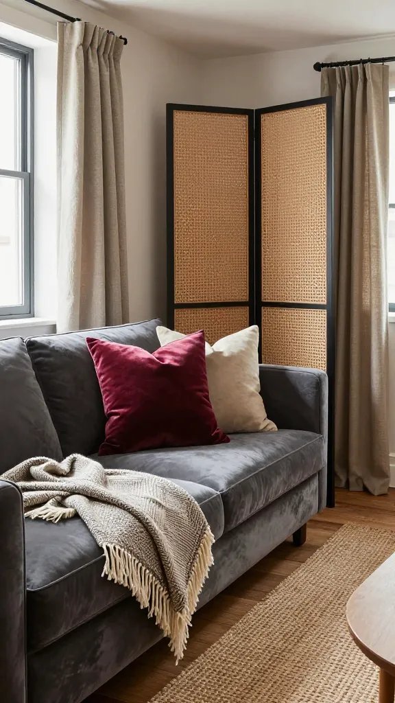 A realistic, high-quality interior photo of a compact, modern studio living space that showcases layered textures to maximize depth. The main subject, a stylish adult seated comfortably on a plush velvet sofa, is surrounded by thoughtfully mixed materials: soft velvet cushions in rich jewel tones, woven throws with fringe casually draped over the arm, and textured curtains framing a small window. Include a decorative woven room screen and subtle jute rug to add warmth. Natural light streams in, highlighting the tactile variety and luxe vibes without clutter, with clean lines, warm wood accents, and a neutral palette that makes the textures pop. No text on the image.