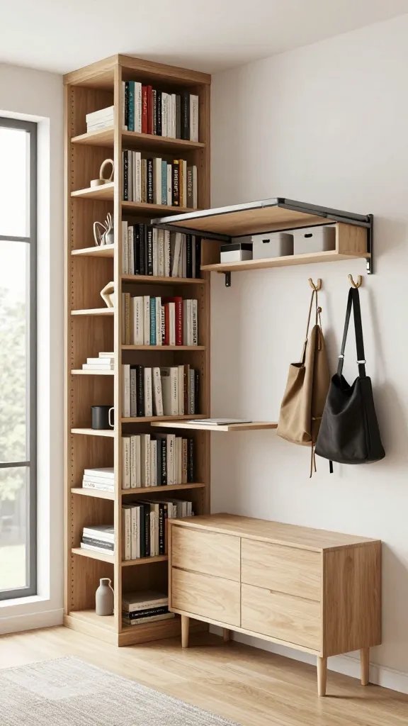 A realistic, high-quality interior photograph of a compact, modern studio apartment showcasing vertical design. The main subject is a vertical smart storage system integrated into a single cohesive scene inspired by the article title "Maximize Every Inch." Include a tall floor-to-ceiling bookshelf filled with neatly arranged books and decorative items, wall-mounted shelves with small storage bins, and a floating desk mounted high on the wall that folds down into a functional workspace. A floor-to-ceiling pantry with multiple narrow shelves is visible, maximizing vertical space. Hooks high on the wall hold coats and bags, while a compact bureau sits with ample breathing room beneath the towering storage. The room should feel airy and organized, with light streaming in from a large window, light wood tones, white walls, and subtle accents. Ensure the vertical elements dominate the composition, creating a sense of expansion without increasing floor area, and depict realistic textures of wood, metal, and fabric in a cohesive, clutter-free environment. No text on the image.