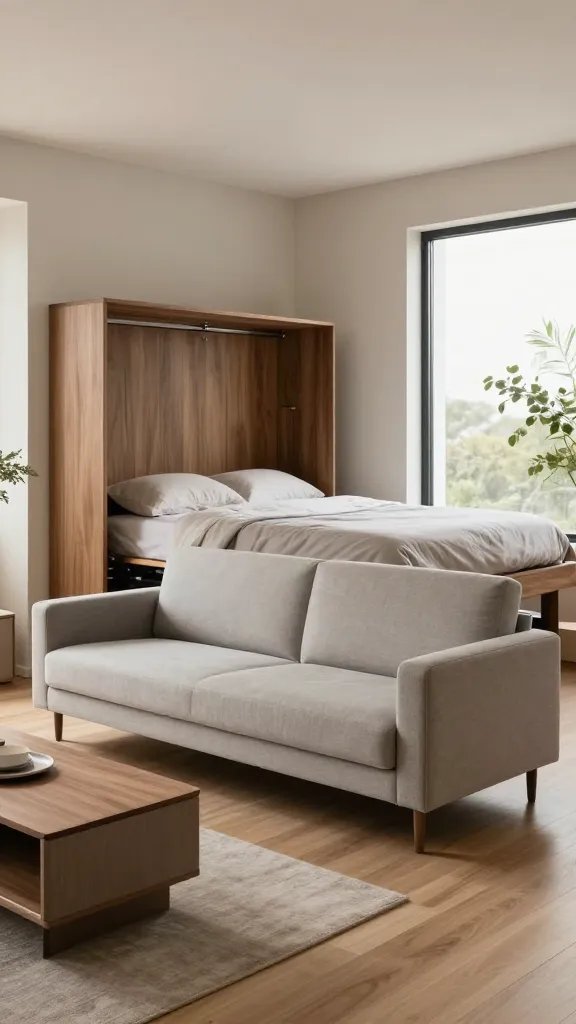 A highly realistic, high-quality interior photograph of a modern micro studio living space showcasing convertible furniture as the central feature. The main subject is a stylish sofa that seamlessly transforms into a bed, with a slim-profile design and neutral gray upholstery. The room also includes a cleverly integrated Murphy bed tucked away on a wall unit, and a stylish ottoman with hidden storage that doubles as a coffee table. The scene is well-lit with soft natural light from a large window, highlighting open floor space, clean lines, and a cohesive, minimalist color palette of warm woods, muted beiges, and subtle greenery. The furniture pieces should appear premium and functional, with visible mechanisms for the sofa-to-bed transition and the Murphy bed in its compact, stored position. No text on the image.