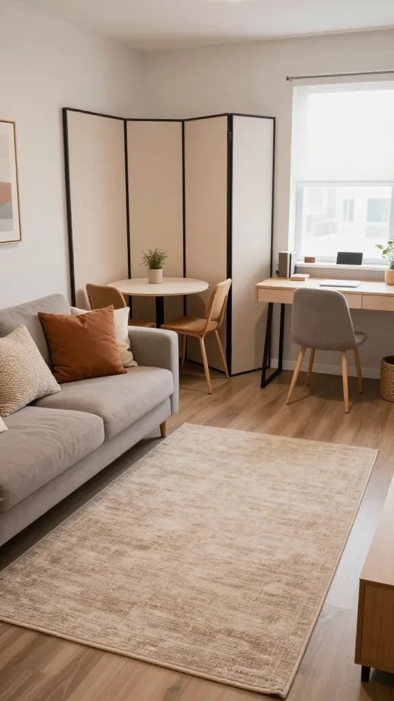 A realistic, high-quality photo of a compact studio apartment illustrating zone creation with rugs and screens. The main subject should be a lived-in, well-lit living area that clearly demonstrates defined zones: a cozy living zone anchored by a large area rug in a neutral, warm palette; a small dining nook with a compact table and chairs; and a workspace with a minimalist desk and chair. Include a lightweight folding screen that provides privacy for the workstation without blocking natural light, positioned to separate the living area from the dining or sleeping area. Ensure cohesive styling with coordinating colors in throw pillows and decor that tie the zones together. The overall space should feel intentional and curated, showing how rug placement, screens, and color coordination define daily routines in a tiny home. No text on the image.