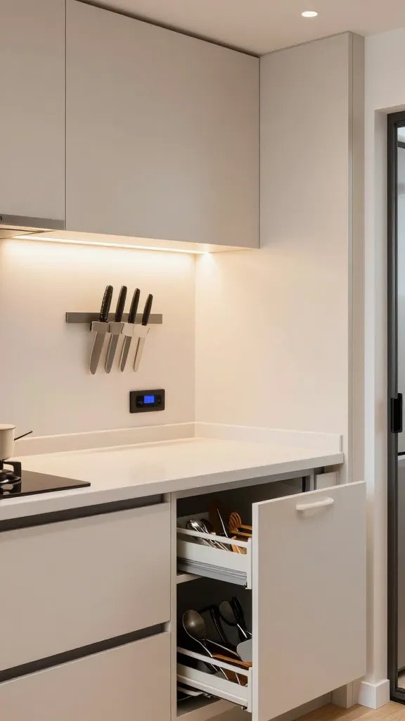 A high-resolution, realistic interior photograph of a compact studio kitchen that exudes style and function. The scene features a small but bright kitchen area with under-cabinet lighting casting a warm glow on sleek, modern cabinetry and a narrow pull-out pantry integrated into the design. A magnetic strip for knives is mounted on the wall above a clean, uncluttered countertop, while a drawer organizer is partially visible, showcasing neatly arranged utensils. The countertop contains minimal clutter, highlighting practical upgrades that maximize space, and a small, smart setup indicating hidden storage solutions. The overall composition conveys efficiency, coziness, and a confident, well-planned layout that makes the most of limited square footage. The main subject from the article title should be clearly represented as the compact kitchen itself, emphasizing a sense of inspiration and culinary potential in a tiny space. No text on the image.