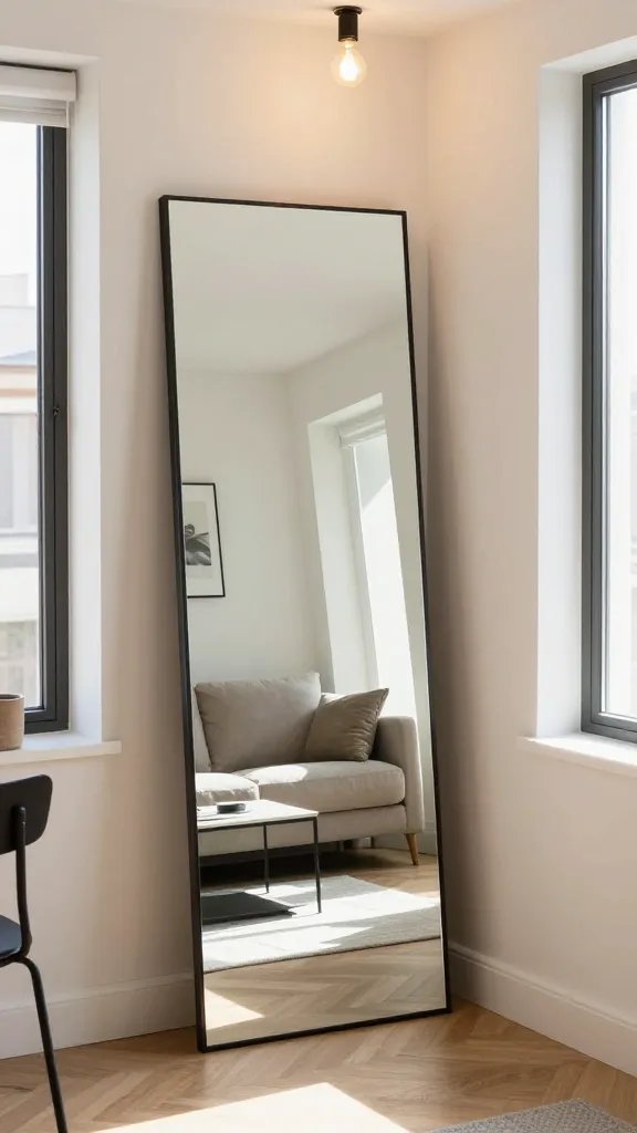A realistic, high-quality photo of a stylish, tiny studio living space featuring a large, full-length mirror placed opposite a window to maximize daylight, with warm bulbs overhead to create a bright, inviting vibe; the mirror should reflect a sunlit alcove and the sofa area to create depth, showcasing a cleverly arranged corner collaboration of light and space in a modern micro-apartment, with clean lines, soft neutral tones, tasteful decor, and a visible entryway in the background. The main subject should be the interplay of mirrors, light, and compact design that makes the room feel larger—no text on the image.