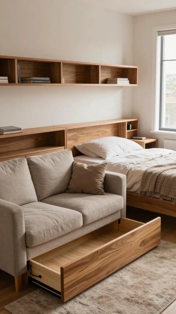 A realistic, high-quality photo of a chic, compact studio living space showcasing hidden storage integrated into everyday furniture. The scene features an under-bed set of wide, smoothly finished drawers with soft-close mechanisms, a sofa with built-in storage beneath the cushions, and a bed frame that includes built-in nooks and cubbies along the headboard. Ledge shelves with cubbies line one wall above a low-profile media console, providing organized display and easy access. Bedside tables with extra compartments are neatly arranged on either side of a neatly made bed, with a calm, clutter-free aesthetic. Natural light streams through a large window, highlighting the clean lines, warm wood tones, and soft textures (linen sofa, plush rug, and light bedding) that emphasize a polished, calm evening vibe. The main subject from the article title, “Hidden Storage, Visible Style,” is clearly represented by the functional, discreet storage integrated into stylish, modern studio furniture without any visible clutter or text on the image.