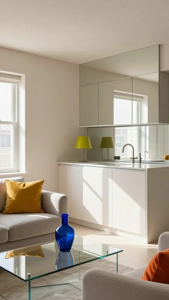 Create a high-resolution, photorealistic image of a compact, sunlit studio apartment interior that embodies the concept "Color Play That Opens Up a Room." The main subject should be a stylish, modern micro-living space featuring light, airy base colors (soft neutrals like warm beige, ivory, and pale gray) across walls, ceiling, and larger furnishings to reflect and maximize natural light. Introduce bold, purposeful accents in small doses to add punch: a vibrant mustard throw pillow on a light-gray sofa, a cobalt blue vase on a sleek glass coffee table, and a chartreuse lamp shade or small orange accent pillow on a compact armchair. Use glossy or satin finishes on surfaces (a glossy white kitchenette countertop, satin-finish cabinet fronts, and a polished glass coffee table) to bounce light and create a sense of more space. Include reflective elements such as a large mirror or glossy tiles to amplify light, with clear sightlines and minimal clutter. The room should feel airy, with smart storage solutions visible (under-counter storage, wall-mounted shelves) and a soft, natural light coming from a window off to one side, casting gentle reflections and ensuring the bold accents feel integrated rather than overpowering. No text on the image.