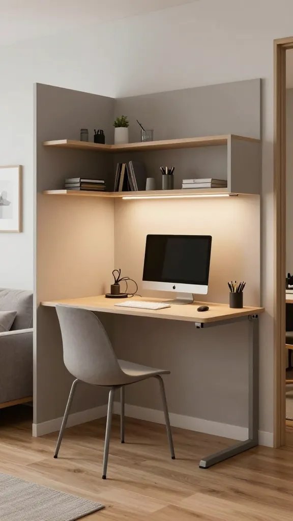 A realistic, high-quality photo of a compact work nook in a modern mini studio apartment that highlights maximizing space without bulk. The main subject is a sleek, wall-mounted desk attached to a neutral-toned wall with a slim, fold-out design that tucks neatly when not in use. A compact, slim chair with clean lines sits beneath the desk, positioned for ergonomic comfort. Floating shelves above hold neatly organized supplies and small decor, while warm LED task lighting mounted above the desk casts a focused, eye-friendly glow. The corner forms a functional command center within a living area: a small, clutter-free setup with cable management, a slim monitor, a notebook, and a cup of pens. The surrounding space remains airy with light wood flooring, soft textiles, and minimal decor to emphasize productivity and organization without intruding on the living area. The image should convey realism, high detail, natural lighting, and a sense of efficiency and calm in a compact studio environment. No text on the image.