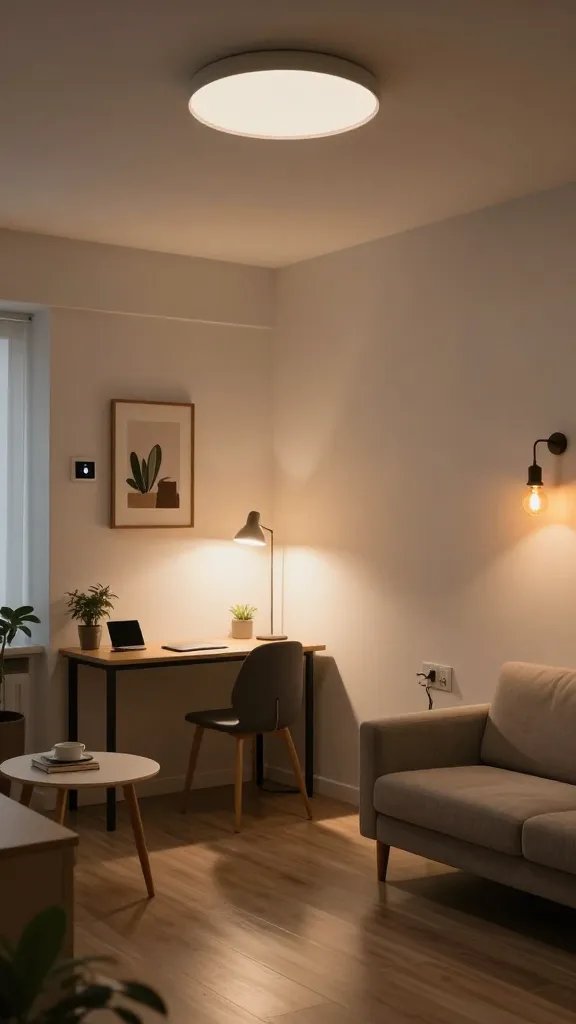A high-resolution, photorealistic image of a stylish, compact studio apartment living area that embodies flexible lighting for mood. The scene features a main subject: a modern, elegantly designed mini studio space with a cozy, inviting atmosphere. Include layered lighting with three distinct sources: a soft overhead ceiling light casting a gentle wash, a set of task lights illuminating a small study nook or workstation, and ambient lighting such as a warm floor lamp and subtle wall sconces to create depth. Show dimmer switches subtly visible on a nearby wall, a warm, amber-toned bulb in one fixture for a cozy evenings vibe, and an accent light highlighting a small gallery wall of art or potted plants to add character. The space should feel open and larger than its size, with light-colored walls, reflective surfaces, and thoughtful furniture that maximizes every inch—compact sofa, slender coffee table, and vertical storage. No text or UI elements; the mood should be welcoming, organized, and versatile, as if the lighting can be adjusted to transform the space for different moments. Realistic, sharp details, natural skin tones, balanced color palette with warm neutrals, and subtle shadows to convey depth.