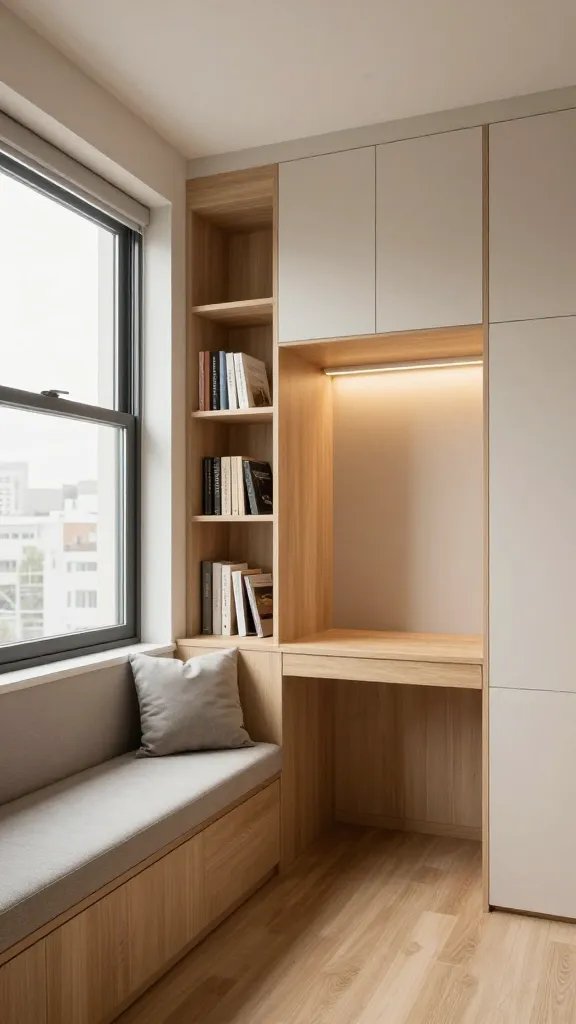 A realistic, high-quality interior photograph of a compact, modern studio living space showcasing built-in nooks and crannies: a cozy window bench with integrated storage along a large window, a recessed bookshelf alcove embedded in a hallway wall, a corner desk tucked into a closet recess with smooth, seamless cabinetry, and additional small built-in seating nooks with soft cushions and warm lighting. The scene should emphasize clever space optimization in a tiny apartment, with natural light highlighting wood tones, tidy surfaces, and a minimalist, cohesive color palette of warm beiges, light wood, and soft grays. The main subject should reflect the article title "Maximize Every Inch: 17 Mini Studio Apartment Ideas That Maximize Every Inch" by visually portraying personality, practicality, and efficient use of space, with no extraneous text or branding in the image.