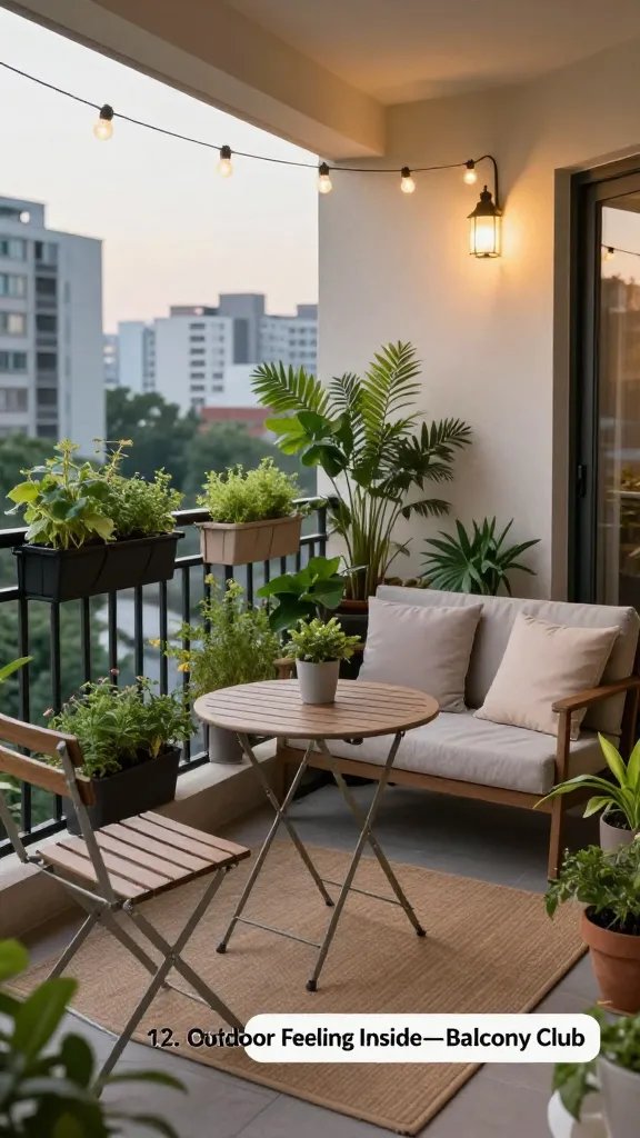 A realistic high-quality photo of a compact balcony turned into a cozy, functional living space that evokes the feel of an extra room. Include a weather-resistant foldable bistro table and two matching chairs arranged on a durable outdoor rug that defines the balcony zone. Surround with vertical herb planters attached to the railing and a few lush potted plants for a fresh, green atmosphere. Soft string lights overhead cast warm, inviting glow as if evening time. A small, stylish outdoor-friendly sofa or cushioned seating area with weatherproof cushions sits along the wall, with a slim side table holding a simple decorative object. The balcony railings, railing planters, and surrounding cityscape are visible in the background to emphasize an urban outdoor extension. The overall mood is serene, vibrant, and practical, conveying how the outdoors can feel like a seamless second living room without text overlays. The main subject from the article title, “12. Outdoor Feeling Inside—Balcony Club,” should be represented by the balanced integration of indoor-style comfort and outdoor elements, creating a realistic, inviting balcony that feels like an extra room.