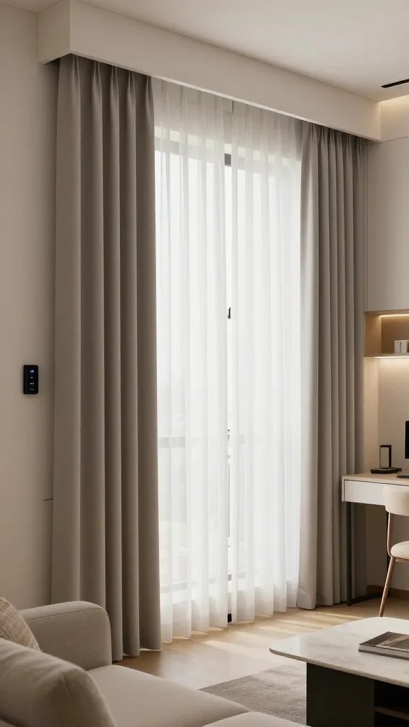 A realistic, high-quality photo of a compact, modern studio living space featuring smart curtains as the main subject; the window wall showcases layered sheer and blackout panels in light, neutral tones that softly diffuse daylight, with motorized shades subtly visible at the side controlled by a small sleek wall-mounted panel or discreet remote. The scene includes a cozy seating nook with a slim sofa, a compact coffee table, and a streamlined workspace nearby, all in a cohesive color palette of warm beiges, soft grays, and white accents. The curtains are slightly drawn in a way that balances privacy and daylight, with color-graded panels adding depth and dimension to the room. Subtle tech accents (smart-home hub, hidden wiring) ensure a clutter-free look while clearly illustrating space-saving, functional light control. No text on the image.