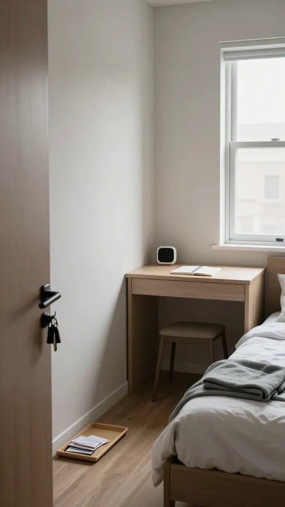 A realistic, high-quality photo of a stylish micro studio apartment interior showcasing a calm, clutter-free space with simple daily organization rituals. The scene features a compact entryway with a slim tray by the door holding keys and mail, a small, neatly arranged desk area with a single essential item, and a quiet corner displaying a minimalist, 10-minute nightly reset routine setup (a small timer, a notebook, and a clean surface). Soft natural light floods through a window, highlighting a tidy bed with a simple throw and a single folded blanket, plus hidden storage solutions integrated into furniture to maintain a serene, organized atmosphere. The overall mood is calm, intentional, and practical, illustrating how quick-de-clutter rituals keep a small space feeling fresh and joyful. Chief subject: the main idea of a maximized, uncluttered mini studio living area.